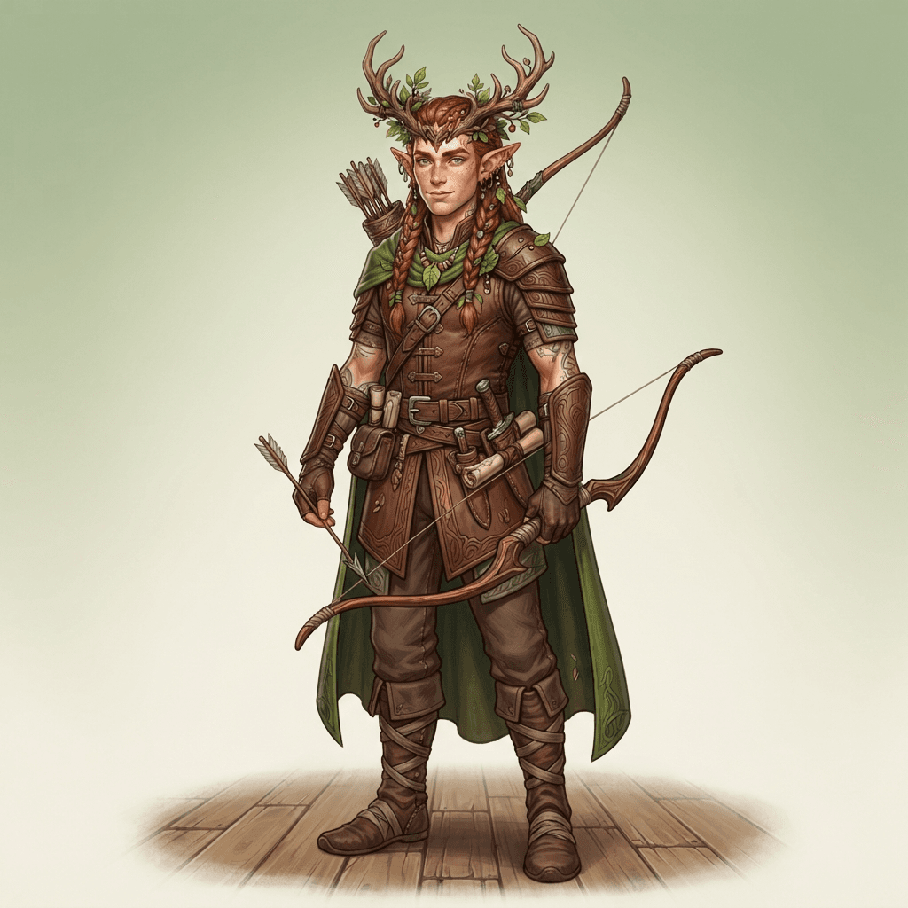 original character design of a wood elf man in brown leather armor, freckles, antler and leaf headpiece, pointed ears, full body standing pose, clean soft gradient studio background, vibrant, crisp high detail, digital illustration, no text, no words, no watermark