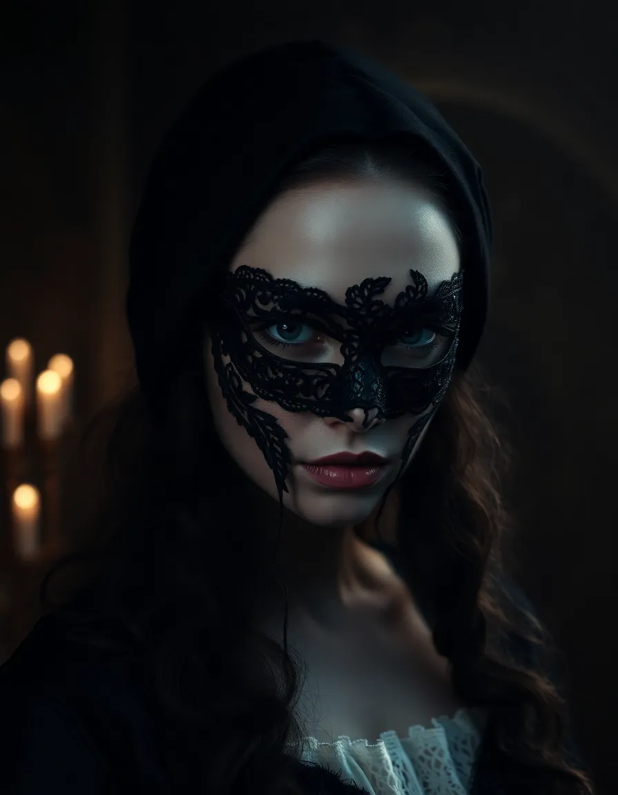 a renaissance-style portrait of a mysterious woman wearing a black lace mask. the scene is a dimly lit, gothic environment. she is enveloped by a fuzzy texture.
