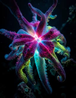 beautiful deep ocean medusa, macro close-up, floating, low angle, in bio-organic abstraction with cellular growth patterns and fleshy vegetal gradients, electric hot magenta, cyan, lime and ultraviolet palette, deep blacks, glowing luminescent hues.