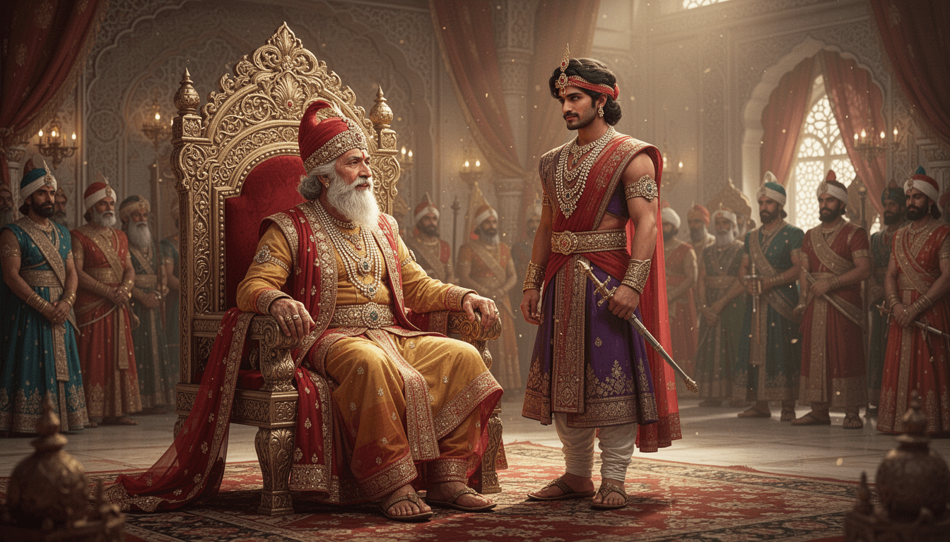 Kind old Indian king Veersen sitting on throne, young brave prince Aranya standing beside him, royal court, warm emotional atmosphere, traditional Indian royal attire, cinematic fantasy art, ultra realistic