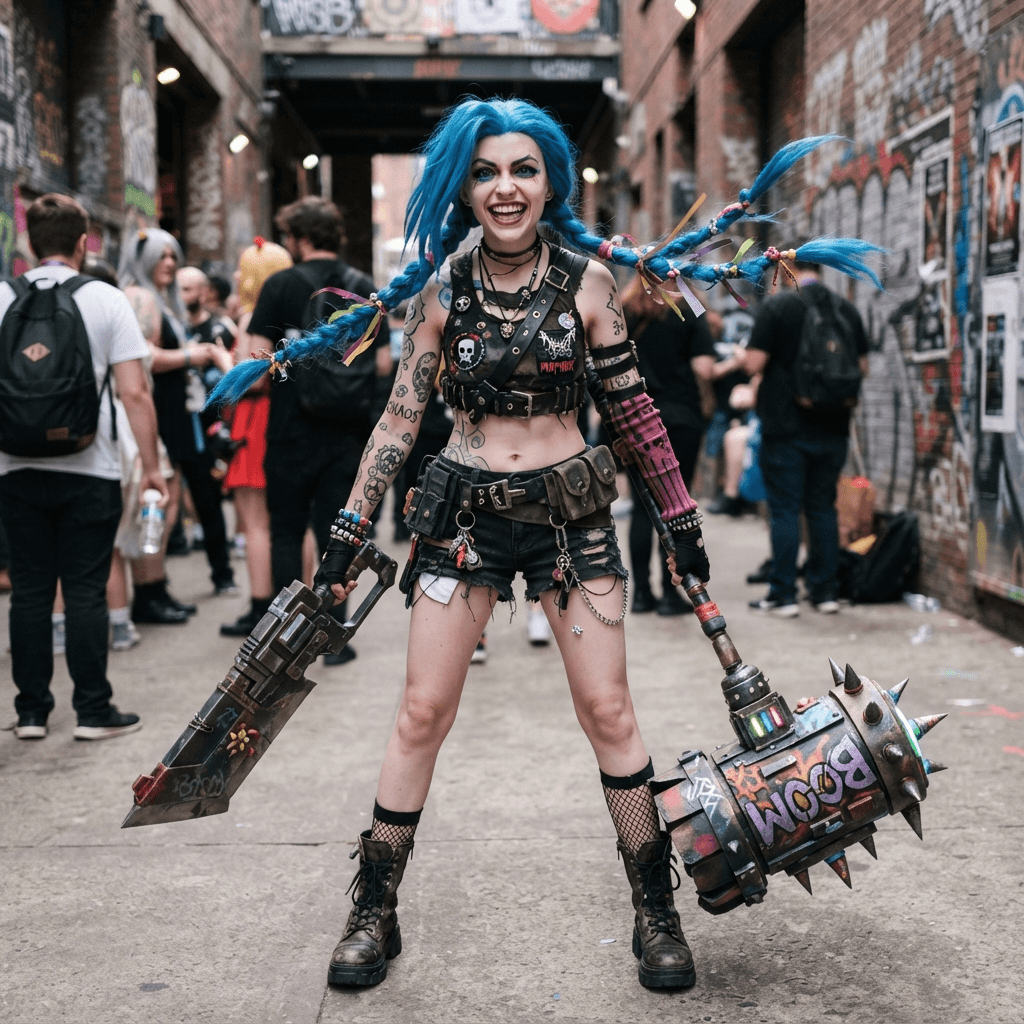 a manic blue haired girl in long braids with arm tattoos, a crop top and oversized weapons, cosplay reference, full body, standing portrait