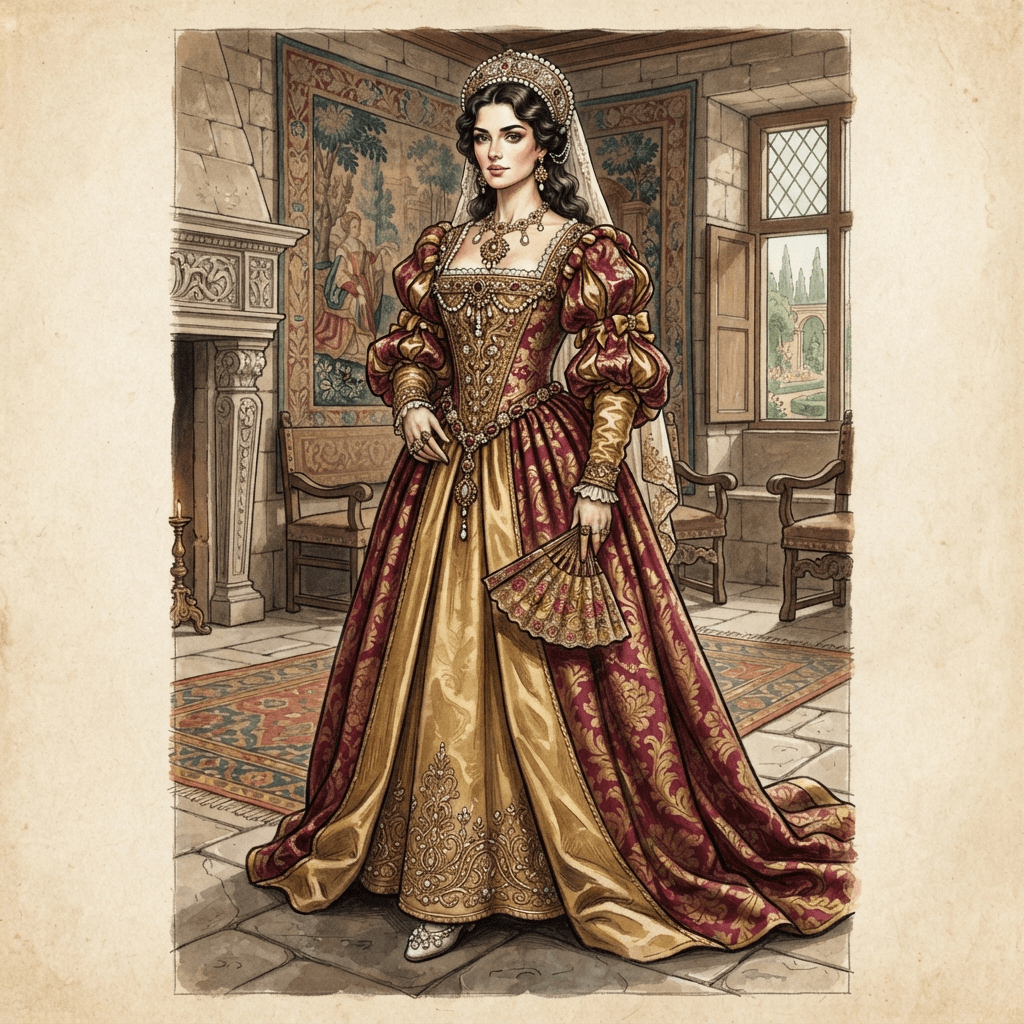 renaissance era fashion, brocade bodice, puffed sleeves, gold embroidery, pearl headpiece, styled with statement accessories, fashion illustration, full body