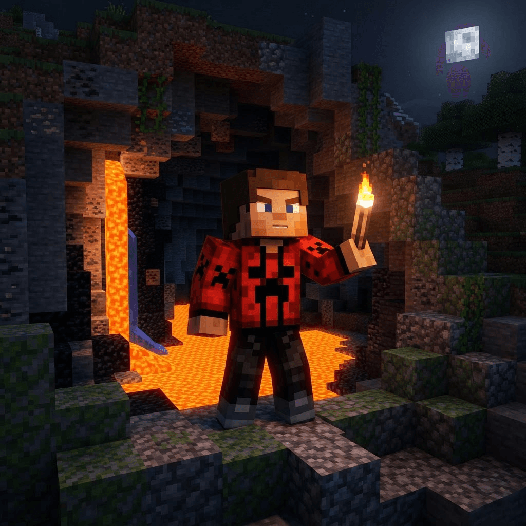 original Minecraft-style player character, blocky voxel body and square head, pixel-art skin, no text, no logos, crisp high detail, vibrant, game render look, a boy in a red and black creeper-pattern jacket holding a torch, standing at the mouth of a dark cave lit by lava