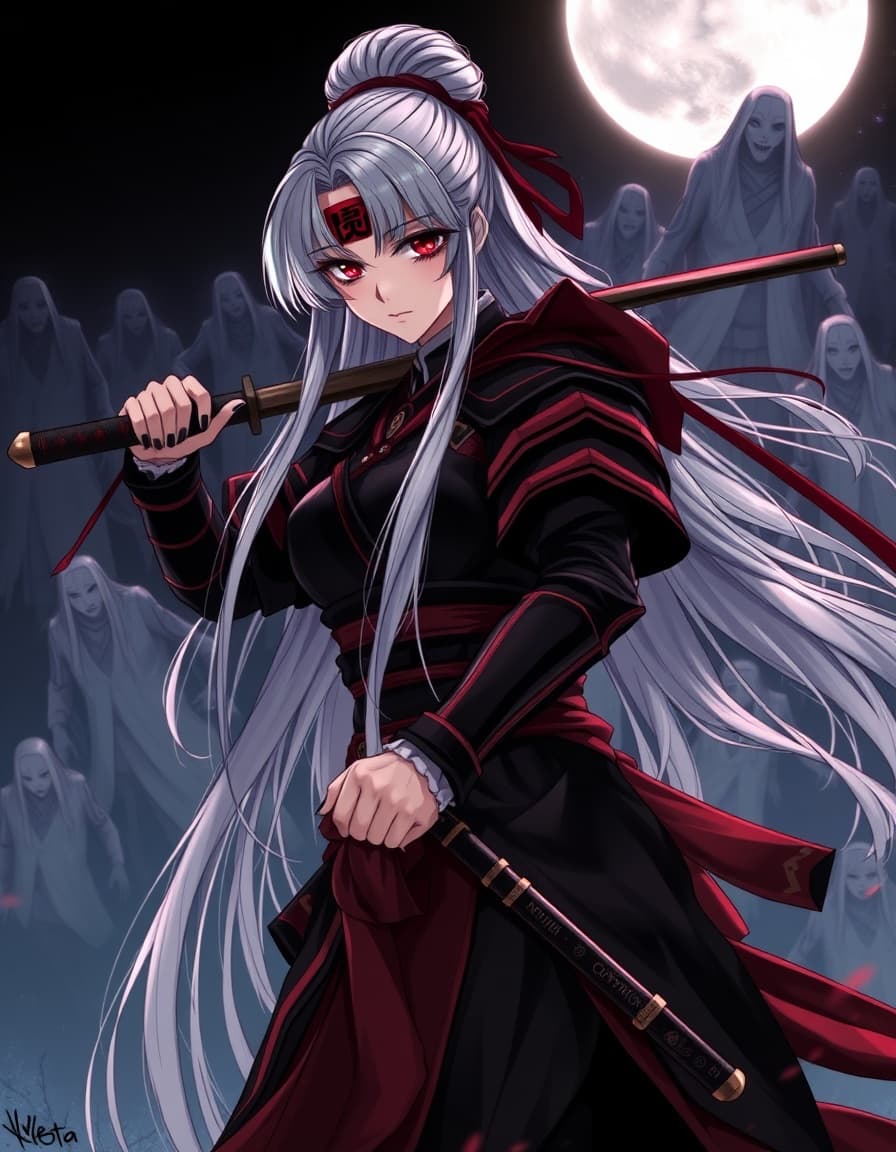 "A female legendary samurai with long silver-white hair tied with a red cord, wearing black and crimson armor inspired by onna-bugeisha. Her mouth is sealed with an ancient kanji tattoo that glows red. She wields a nodachi envolvente en cadenas de energía espiritual. Floating behind her, the ghostly forms of 100 fallen warriors chant in silence. Anime style, elegant pose, moonlight illumination, black and deep red palette, Kyoto Animation detail with dark fantasy tone." 