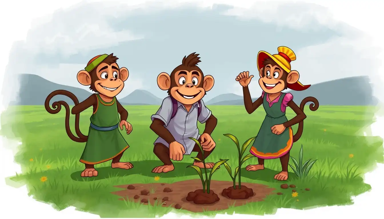 The Change
The storm clears, and the next morning, monkeyBunty and monkeyPinky wear frock and top wake up early and begin working with monkeyRavi in the fields, helping him with planting crops.
Monkey Ravi (smiling with pride):
"Ab tum dono samajh gaye, kaam karna hi sabse zaroori hai. Mehnat se sab kuch milta hai."
Monkey Pinky (cheerfully):
"Ab hum bhi tumhare saath kaam karke zindagi ka asli maza samajh gaye hain!"