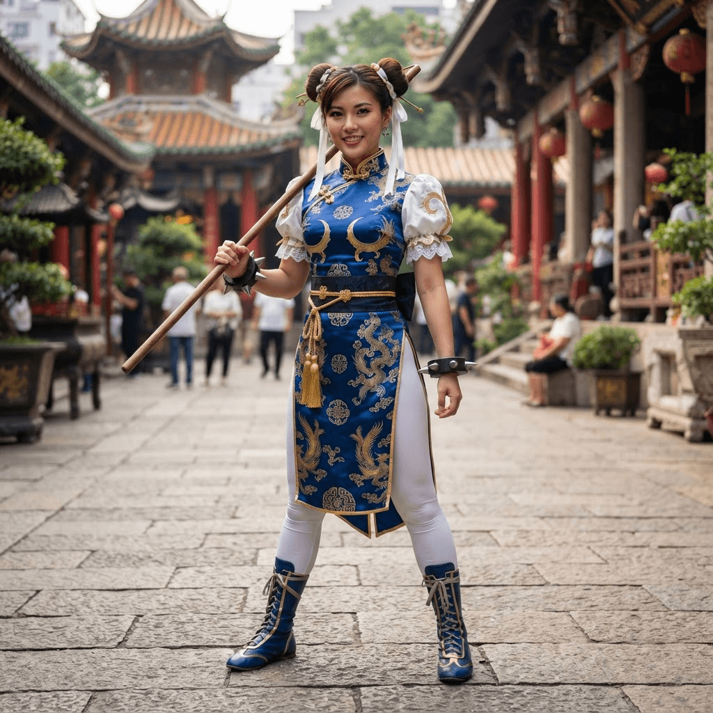 a martial artist in a blue qipao dress with gold accents, white puffed sleeves, ox horn hair buns and spiked bracelets, cosplay reference, full body, standing portrait