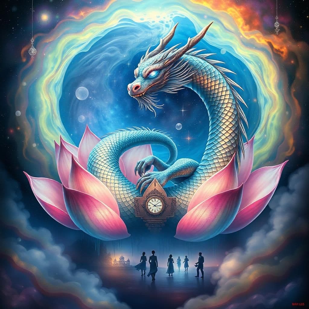 "a cosmic lotus dragon coiled within a swirling nebula of iridescent petals, its scales shimmering like stardust and pearls. the dragon's eyes burn with a soft, ethereal blue fire, casting an otherworldly glow. beneath the lotus, a void like a dark, velvety pond reflects a surrealist dreamscape: melting architecture, dripping clocks, and ghostly figures dancing. the dragon's plumage oscillates between rising smoke and setting sun, as its gentle, mystical roar echoes through a haze of rainbow-colored mist."