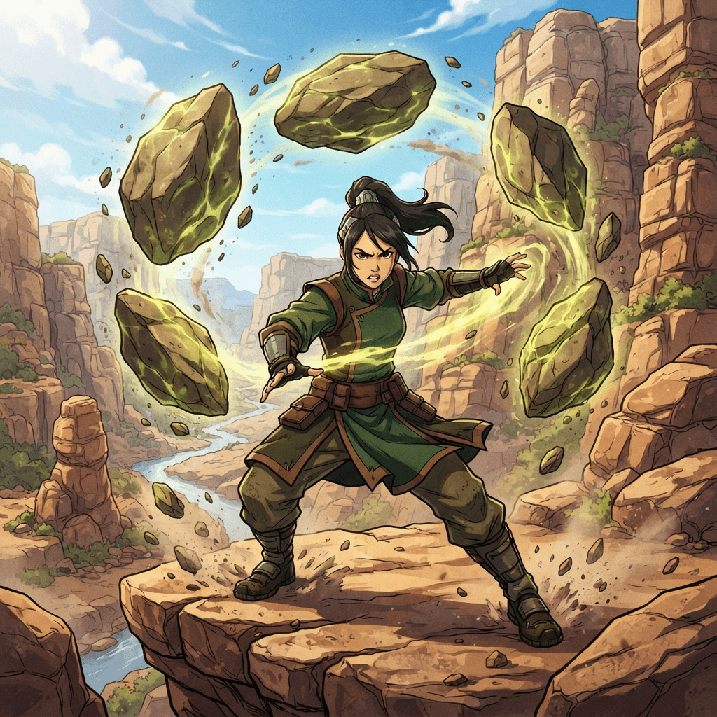 original earthbender character, green and brown tunic, boulders levitating around her, rocky canyon, cel-shaded animated series style, vibrant, crisp high detail