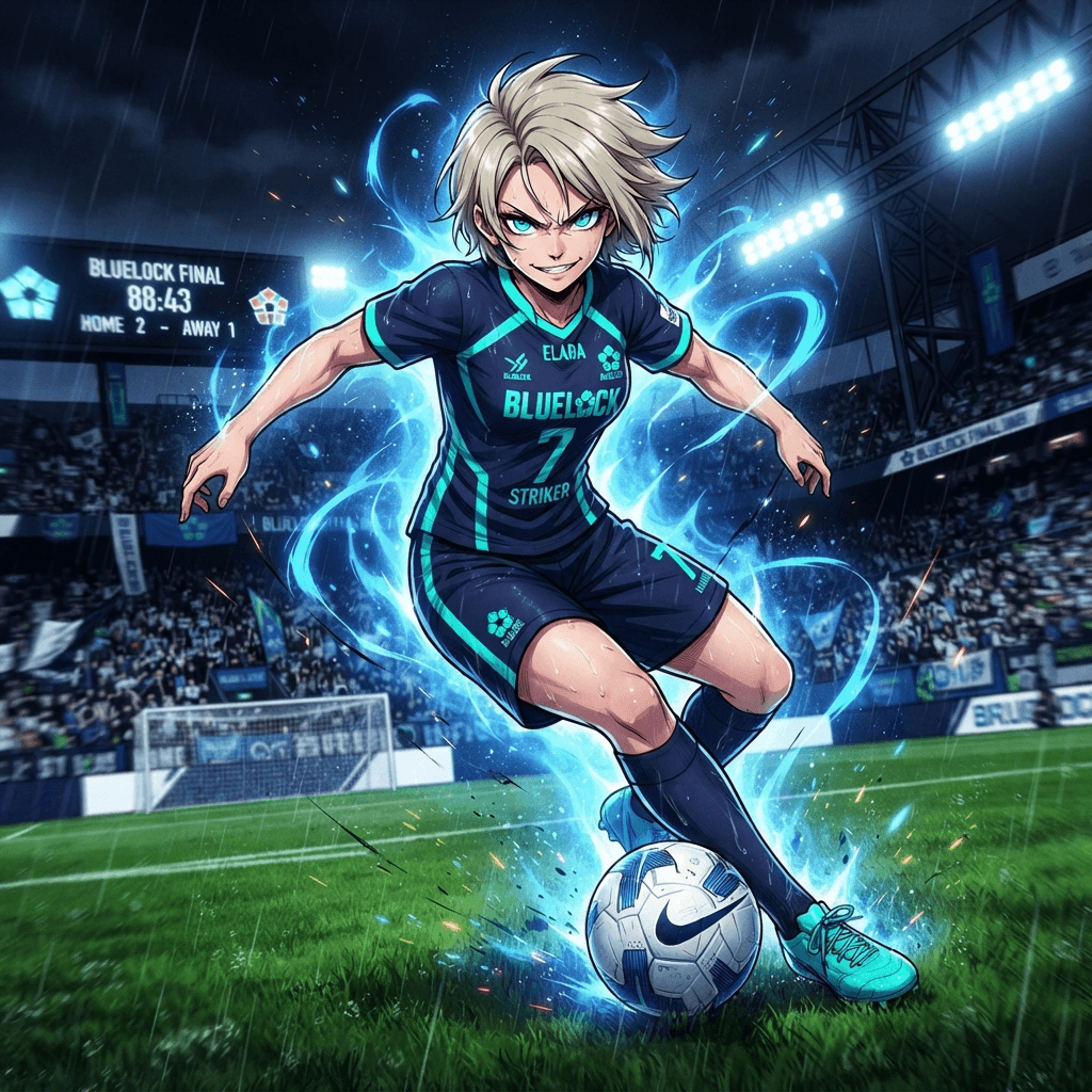 original Blue Lock style soccer anime character, female striker with ash blonde hair and sharp teal eyes, navy jersey number 7, digital illustration