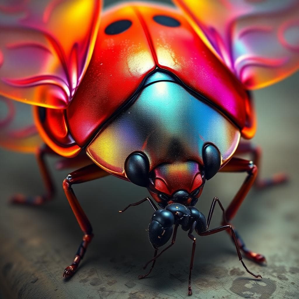 A hyper-realistic, highly detailed digital painting of a magnificent, surreal ladybug with an iridescent exoskeleton, covered in vibrant red, gold, and pink hues. Its wings are semi-transparent and intricately structured, showcasing an elaborate blend of neon blue, purple, and orange veins that resemble stained glass. The ladybug has an intense gaze, with its eyes focused on a ant. The ant, caught mid-struggle, has delicate, translucent eyes and a fuzzy black body,; Radiant hand motion; Dusty ancient tomes; Mind's inner mirror