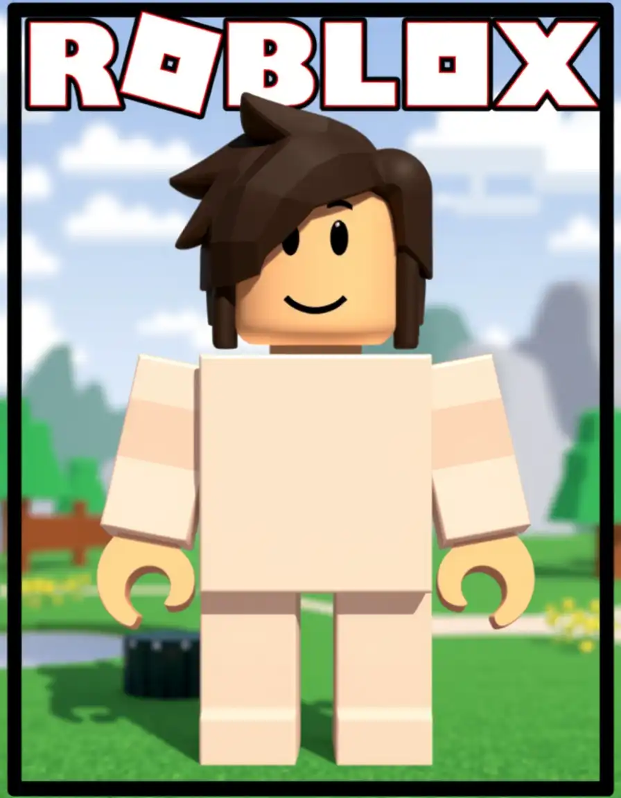 Roblox character or environment. Use voxel art and pixelated textures, keeping the elements blocky and low-resolutions. The Avatar Roblox character should be made of square blocks with a flat color palette, resembling Roblox NPC or Avatars, Add a Roblox-style landscape behind.