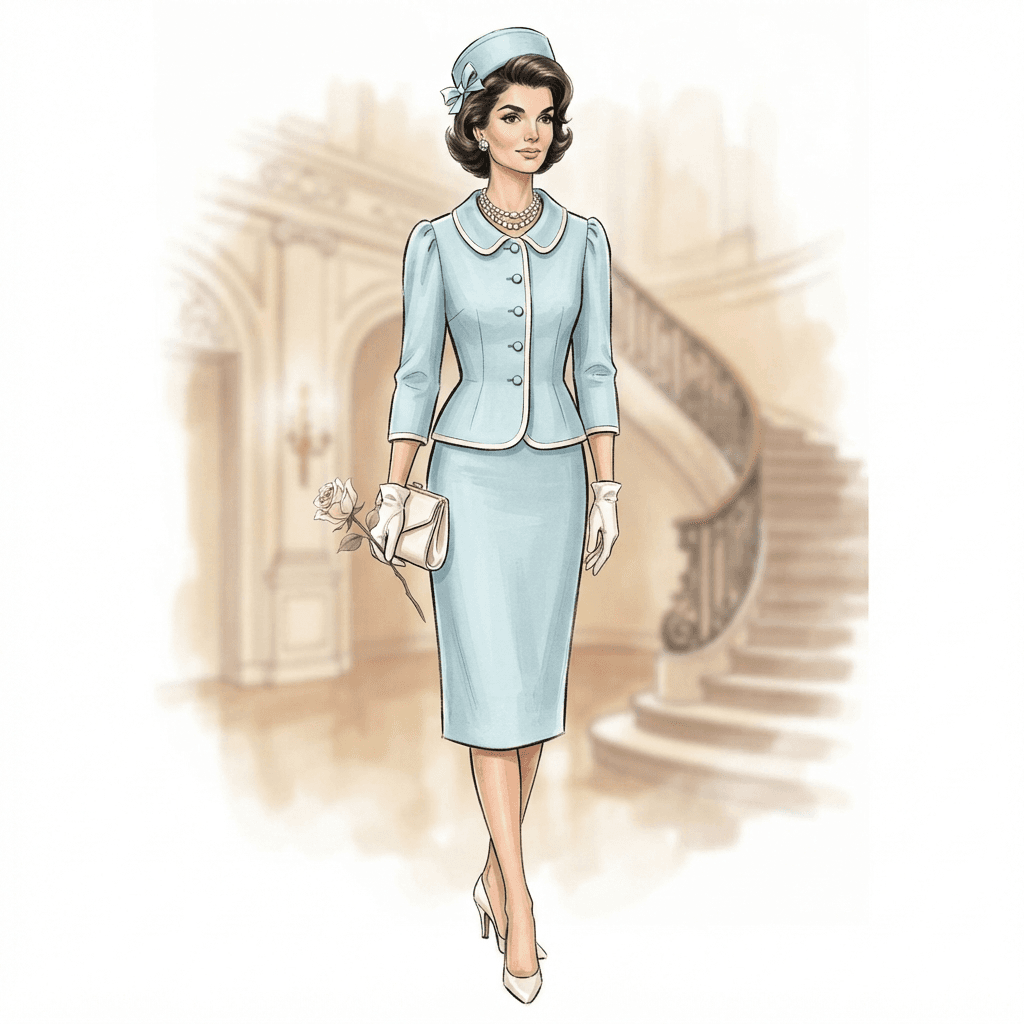 first lady fashion, tailored pastel skirt suit, pillbox hat, pearl necklace, full length gown look, fashion illustration, full body