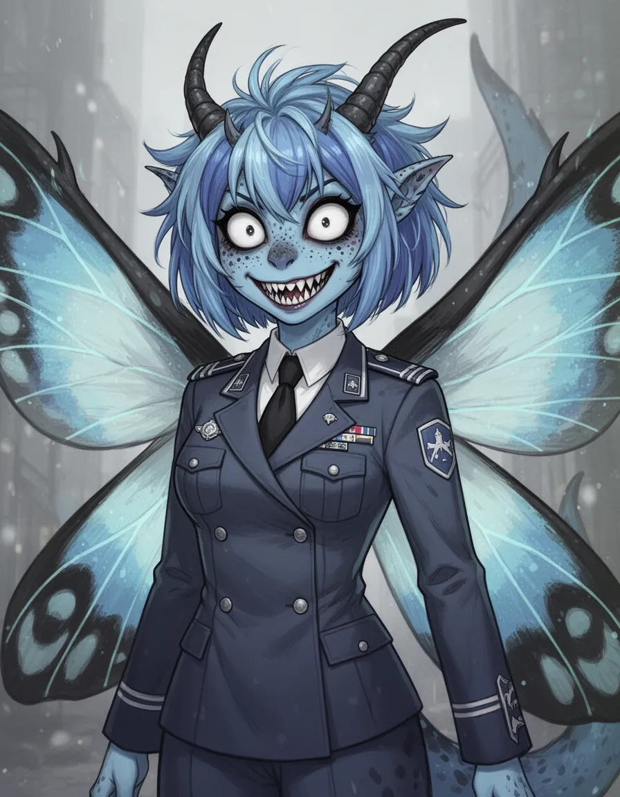 Anthro oc of a hybrid of dragon and moth, color scheme: blue, white, cyan, black, grey, female, short messy bob hairstyle, wide insane eyes, black sclera, freckles, military uniform, sharp big teeth, creature design, monster creature furry art,