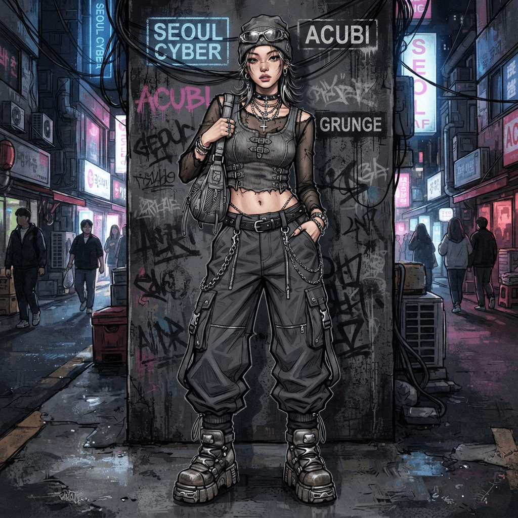 acubi aesthetic fashion, cyber grunge korean streetwear, low rise cargo, mesh layers, silver hardware, muted grey palette, styled with statement accessories, fashion illustration, full body