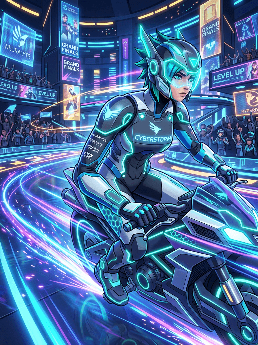 Original character for Meta Runner: an esports racer in a sleek futuristic racing suit with glowing accents, full body, stylized 3D anime style, neon speed lines, cyber arena background