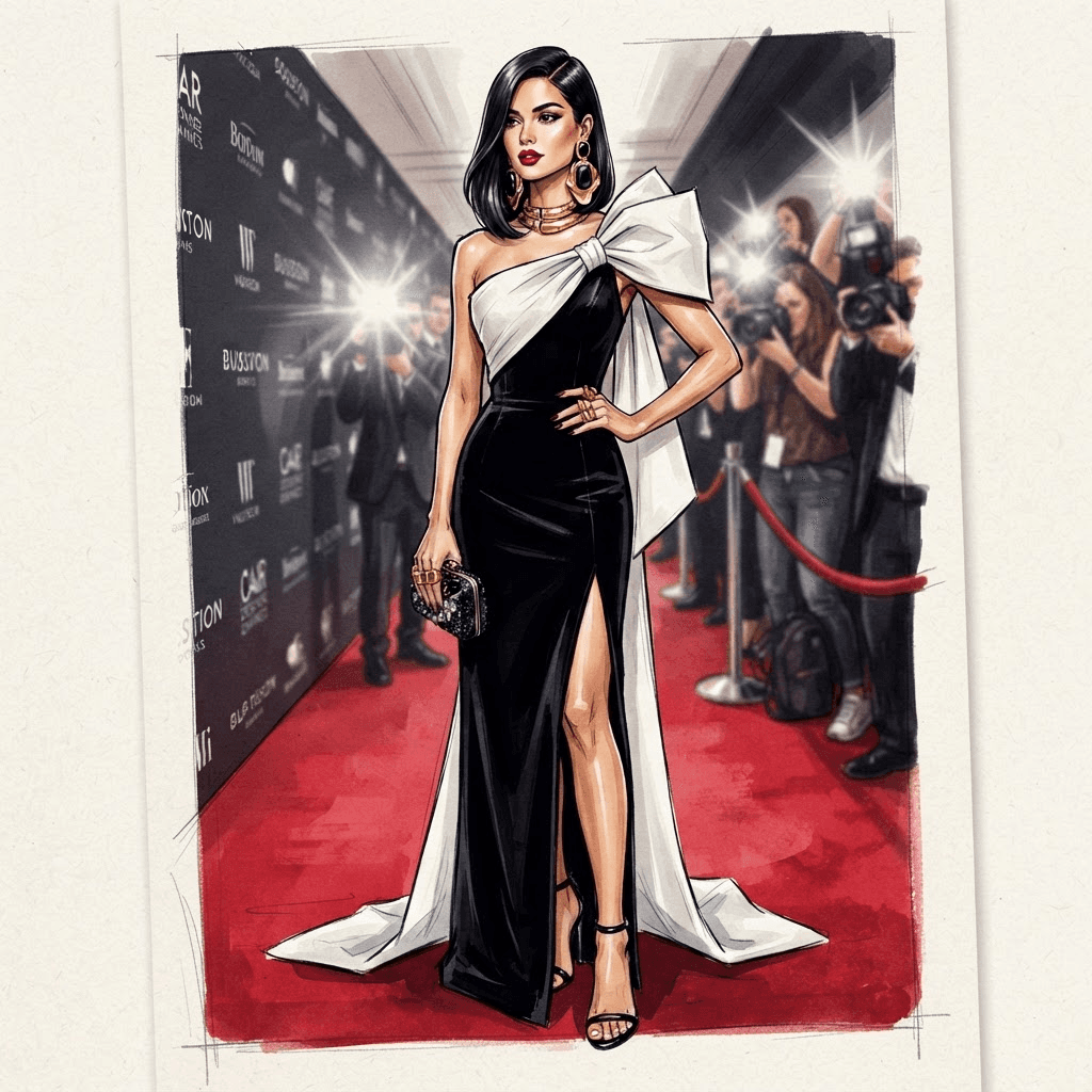 celebrity event fashion, paparazzi ready designer outfit, sleek red carpet styling, styled with statement accessories, fashion illustration, full body