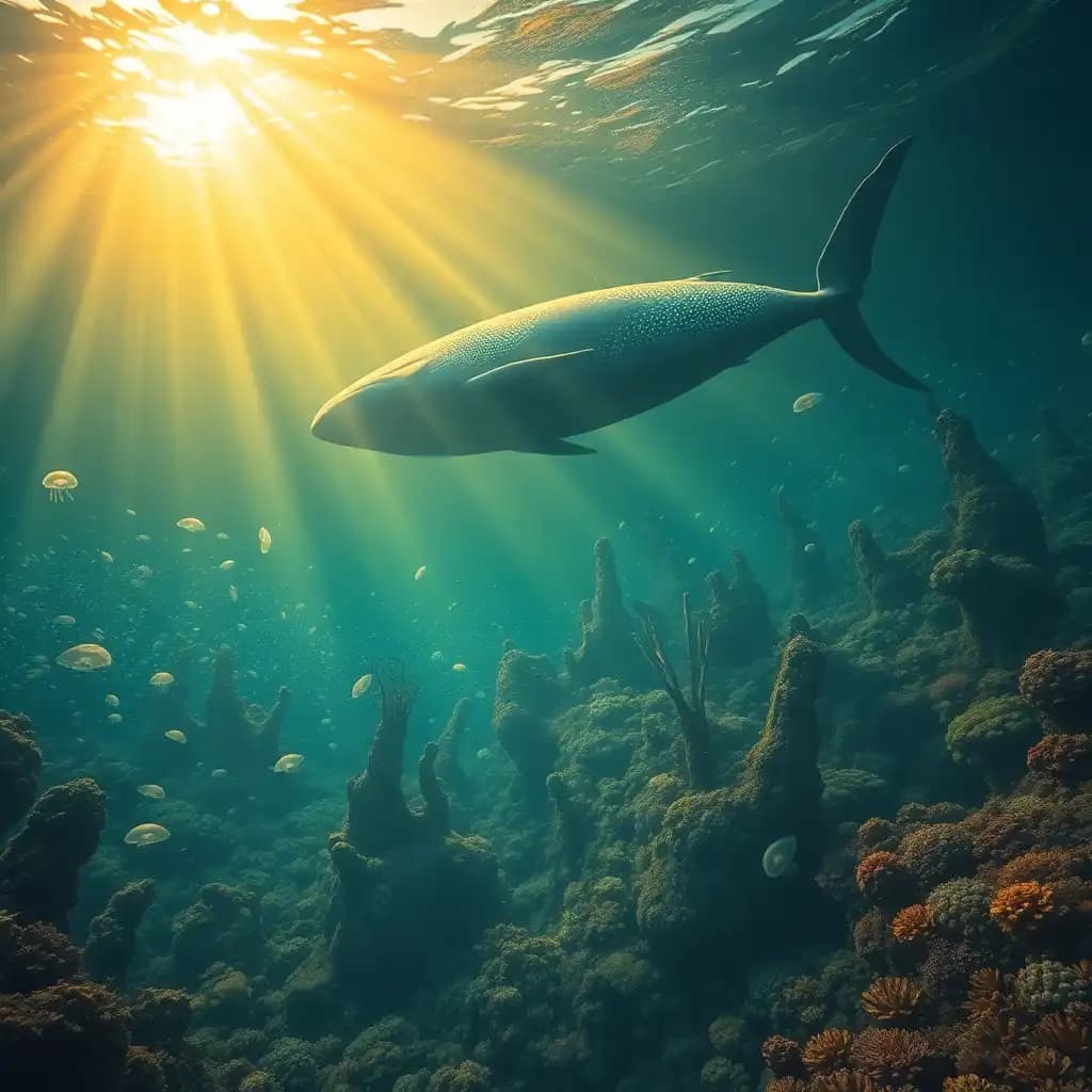 A serene underwater scene where shafts of golden sunlight pierce the surface, illuminating a vast, alien-like coral reef. The water is crystal clear, revealing the intricate ecosystem beneath—a maze of glowing jellyfish, schools of iridescent fish darting between coral spires, and ancient shipwrecks now overgrown with vibrant marine life. A massive, gentle whale glides past, its skin marked with glowing bioluminescent patterns. Strange and beautiful creatures, some resembling mythical sea serpents, lurk in the deep, their silhouettes just barely visible in the fading light below. The entire scene is tranquil yet filled with a quiet mystery, as though the ocean holds secrets lost to time.