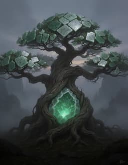 Epic fantasy concept art, 21:9 ultra-widescreen. A massive, weathered bonsai tree with gnarled wood bark roots wrapped around a glowing emerald geode crystal. The leaves are crafted from distinct, overlapping raw jade tiles catching a silvery twilight glow. Moody volumetric fog, deep shadows, masterwork clarity