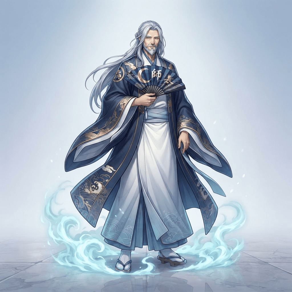 Anime illustration, full body, original older clan elder in layered white and dark blue robes with a fan, silver hair, pale blue cursed energy mist at his feet, clean soft gradient studio background, vibrant, crisp