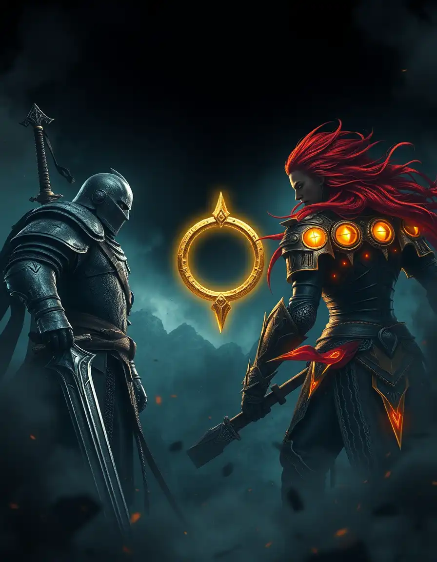 A dark epic fantasy game banner for website slider, featuring a Dark Souls knight in worn armor with sword on the left, and an Elden Ring warrior with golden glowing armor and red flowing hair on the right. In the middle a glowing Elden Ring symbol in the sky. Dramatic, cinematic lighting, dark stormy atmosphere, ultra-detailed, 4K, digital art.