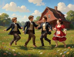 Lorenzo “Cobbles” Vance and Hunter Segal join a Commedia dance with Pierrot and Colombina in a 19th‑century oil painting style. The four figures move gracefully across a sunlit green meadow, barefoot, their dynamic motion captured with impressionist brushwork. Behind them a red wooden farmhouse sits under a blue sky dotted with white clouds, while wildflowers bloom in the foreground. The scene is bathed in warm natural lighting, shallow depth of field emphasizing the dancers, creating a nostalgic rural atmosphere.