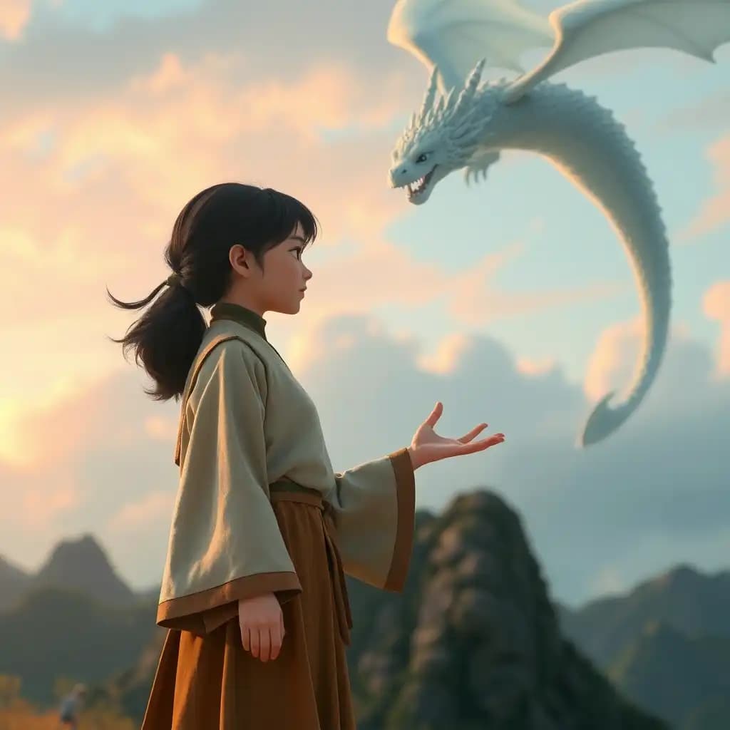 in a cinematic spectacle, chihiro, with pigtails fluttering, stands firm in an earthy outfit as the sky's pastels shift. her hand reaches out in hope. the dragon haku, an ethereal being, descends with intricate scales that shimmer. emotions intertwine as they share a silent, powerful moment amidst a ghibli-inspired backdrop of whimsical landscapes.