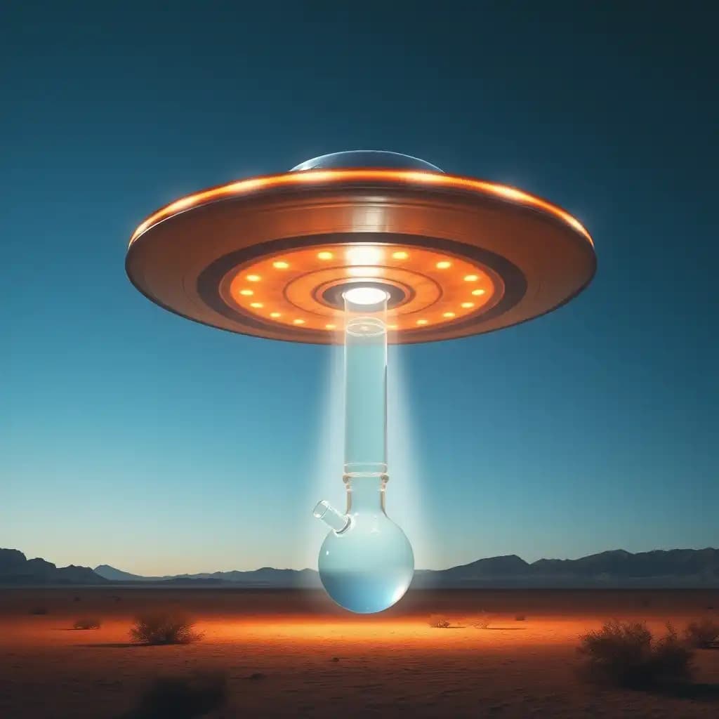 UFO  in the desert beaming up a giant glass water pipe