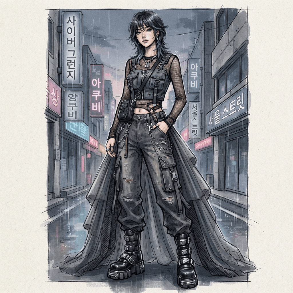 acubi aesthetic fashion, cyber grunge korean streetwear, low rise cargo, mesh layers, silver hardware, muted grey palette, full length gown look, fashion illustration, full body