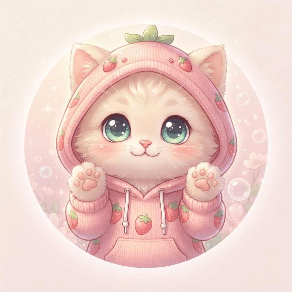 cute chibi kitten close-up avatar portrait, strawberry hoodie, huge round shiny eyes, pastel pink palette, kawaii illustration, cute pfp