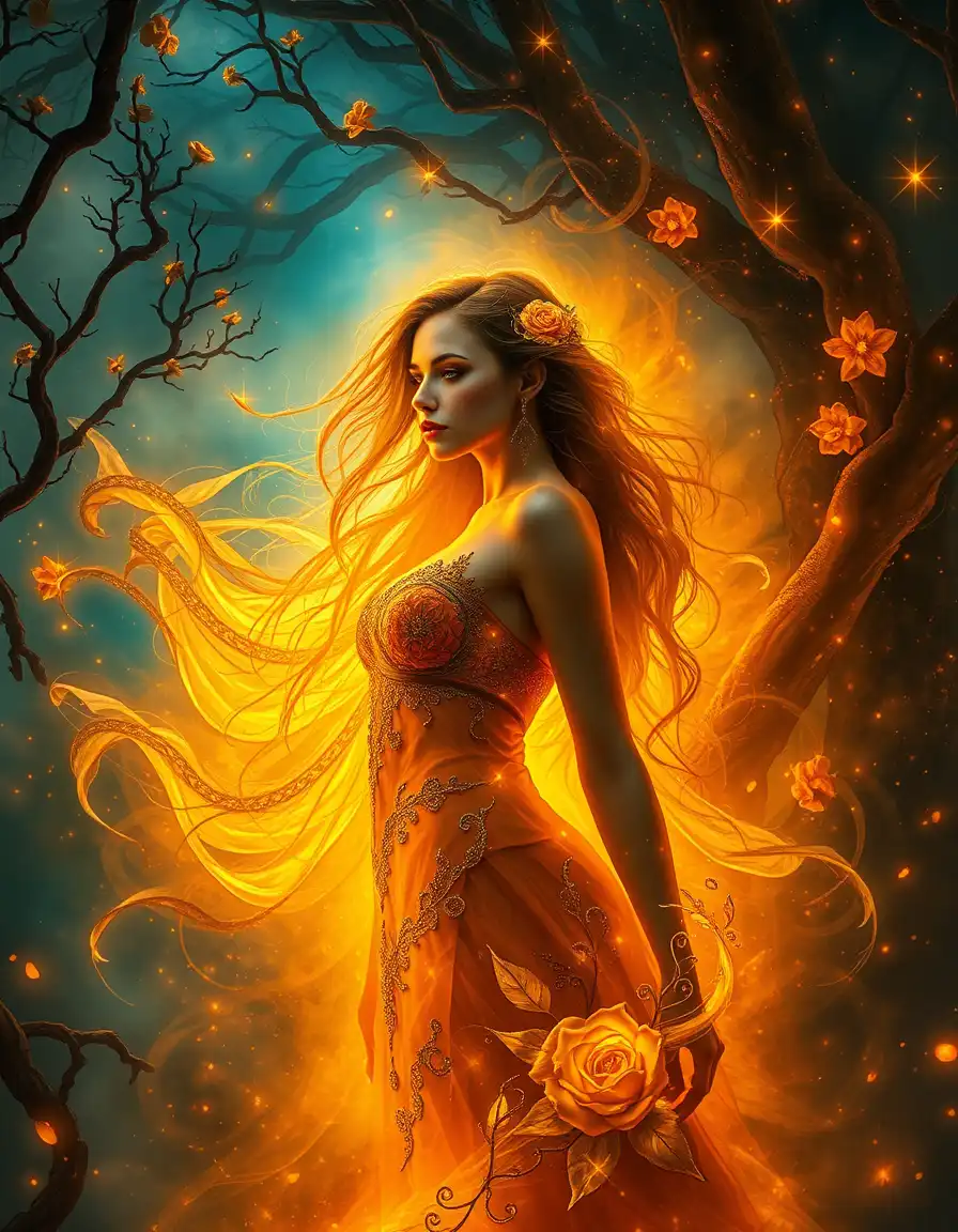 a wondrous woman radiates a captivating fusion of intense burning fiery golden auracast by the mystic gleam of enchanting blazing smoky rainbow shadows and smoky rainbow shadows that intensely blend at the threshold of a mystical realm where a fusion of thick, billowy and delicate, lacy smoky rainbow shadows intertwine with intensified deepened smoky rainbow shadows amidst ethereal mist infused with radiant smoky rainbow hues and gleaming dewdrops shimmering with darker, deeper smoky rainbow colors amidst twisted, gnarled trees infused with the essence of illuminated, radiant smoky rainbow shadows and intricate, ornate filigree in the style of intricate, twisted smoky rainbow designs, her mystical form deeply set amidst profound wispy smoky rainbow shadows rich with softly gleaming golden accents and lush, vibrant blooms bathed in the resplendent glow of smoky rainbow shadows that intensely amplify her captivating aura, infused with an otherworldly energy of turbulent smoky rainbow hues and wispy tendrils of fiery golden auracast that subtly blend with the enchanting smoky rainbow aura.