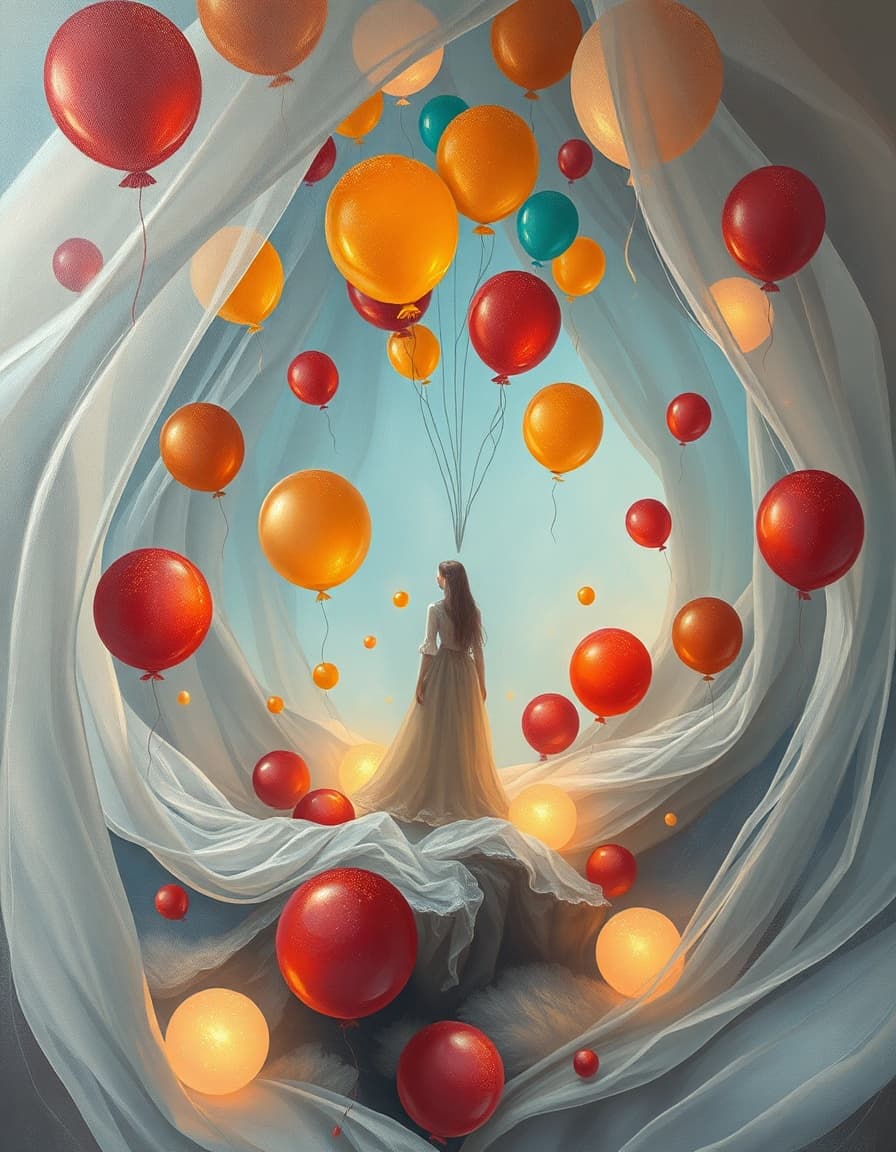 a dreamy, oil painting inspired, whimsical fantasy scenery, infused with the essence of serene tranquility and elegance, where colours converge in harmony, filled with colorful balloons, as vibrant, inflated orbs in shades of crimson, amber, and cerulean, with delicate, translucent sheens, and softly glowing, ethereal lights, float gently amidst broad brushstrokes and peinture gris elements, set against a masterful blend of simple yet smooth shapes, serving as a subtle canvas for the thick, expressive texture of the painted structure, unfolds in an intricate, radial composition, blending realistic oil painting characteristics with abstract, flowing pigments, and incorporating a captivating, dreamy mood, as a figure, standing majestically amidst a swirling drapery of delicate lace-like textures, infused with the tactile authenticity of silver-halide grain structures, and shrouded in an otherworldly aura, echoes the enchanting style of tom lovell, with a soft, serene backdrop of wispy grey, reminiscent of a bygone era, providing the perfect setting for a forgotten tale to whisper secrets to the attentive viewer, blends seamlessly from intricate engravings, flowing calligraphy, impressionistic effects, and expertly rendered mixed media components featuring vibrant golden hues contrasted against subtle shimmering blues, and dominant greys, sepia hues, and subtle misty blue accents, evoking a sense of ethereal enchantment, as if the painting is a doorway to a mystical realm, set against the backdrop of a mystical realm, with serene, ethereal, and fantasy setting elements, where time seems to stand still, and a winding road made of rough, earthy stones and weathered stones, shines with fine lines of shimmering silver and moonlit pebbles, radiating outward in a circular pattern, amidst slimy textures reminiscent of river stones or dew-kissed petals, where smooth, undulating highlights stretch and move, as silver halide grain structures subtly break apart to create a dynamic interplay, evoking a timeless, enchanting, and otherworldly atmosphere, with a balance of intricate engravings and subtle randomness, and a narrative tension that arises from the figure's stance against the swirling drapery, as colorful balloons seem to be drawn to the figure, gently tangling with the drapery, and a timeless story unfolds, with a grandeur that whispers ancient secrets on the wind, transporting the viewer to a realm where reality and fantasy blur, and the boundaries of the human experience are gently stretched, in a captivating work of abstract art, that embodies the essence of a forgotten tale, and the mystique of a bygone era, with delicate textures and subtle shading weaving an intricate tapestry of emotions, transporting the viewer to a realm of haunting beauty, where creativity reigns supreme, and the colours dance in harmony, their essence a testament to the infinite power of the imagination.