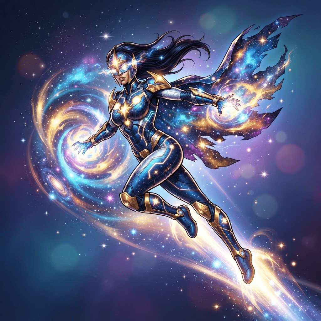 dynamic original Marvel-style superhero character, cosmic energy powers, dramatic action pose