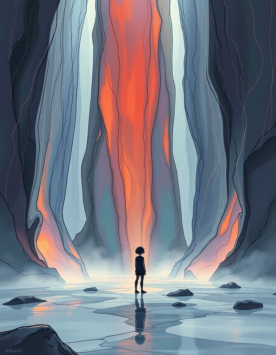 in a dreamlike, fragmented reality, a tiny, anime-style figure stands in the foreground, dwarfing its environment through the magic of a forced perspective. the delicate forms of a pen-and-ink drawing blend with the eerie softness of pastel chalk, creating intricate, fine lines of varying thickness that seem to dance on the page, infused with the warmth and intimacy of renoir's impressionist vision. the stylized figure, veiled in a rich, misty aura, grows larger and larger, until the towering form fills the frame. liquid glass, like molten lava, flows and solidifies around it, reflecting eerie light in purples, blues, greens, and menacing reds, as the rules of perspective are quietly broken. a stylized, fractured composition blends the figure with the molten, glowing liquid, as if it's been rendered in a polished, cinematic style typical of anime, yet feels dreamlike and delicate, like a watercolor painting. a thin, eerie mist encircles the scene, like the faint mist of a morning, and dark, sinuous lines suggest the turbulent flow of thoughts, while a playful, childlike quality seeps through the image, with oversized flowers and scribbled scribbles of crayon adding to the dreamlike atmosphere. the normally tiny details of the environment, such as trees and mountains, appear no larger than toys, emphasizing the unnatural, larger-than-life scale of the central figure.