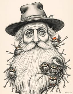 An intricate, hand-drawn vintage illustration in the style of Edward Lear, depicting an elderly gentleman with a long, flowing white beard and a weathered fedora. His beard is intertwined with rustic twigs and branches, forming several cozy nests. A variety of small birds—including owls, larks, and wrens—are perched throughout his facial hair and hat, some nesting and others fluttering about. The artwork features fine cross-hatching and a muted color palette of sepia tones with subtle hints of red and blue, capturing a whimsical yet detailed Victorian aesthetic.