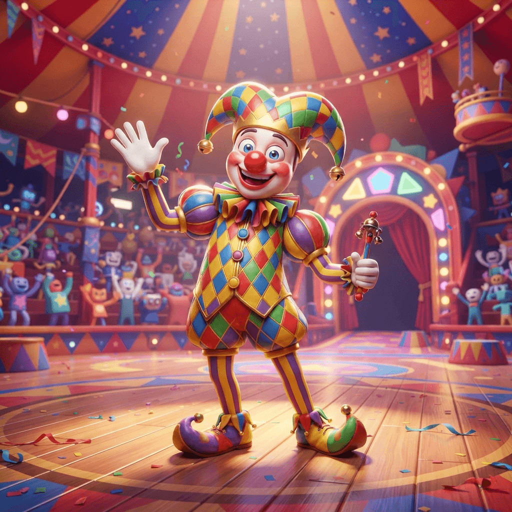 Kaufmo from The Amazing Digital Circus, cheerful harlequin clown character, colorful diamond patterned suit, big red nose, full-body portrait standing on the circus stage, glossy 3D circus style, polished expressive 3D animation, bright colorful Amazing Digital Circus environment, no text, no logo, no watermark