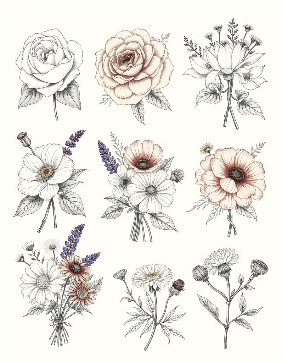 A vintage botanical illustration tattoo sheet featuring five separate bouquets, each grouped by floral category: 

1) Classic bouquet including rose, peony, carnation, chrysanthemum, dahlia, lotus, magnolia and camellia.
Natural / wild bouquet including lavender, poppy, daisy, cosmos,,
Textured bouquet including tagetes (marigold), dandelion, thistle, artichoke flower and ranunculus.

Fine linework, antique botanical engraving style, 19th century scientific illustration, delicate ink drawing, soft cross-hatching shading, light tonal contrast, elegant composition, realistic botanical accuracy, minimal heavy blacks, refined and airy aesthetic, white background, subtle depth, suitable for fine tattoo design.