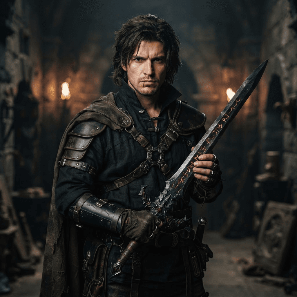 a tall dark haired man with a scar on his lip in a plain black shirt holding a cursed blade, cosplay portrait, waist up, detailed costume