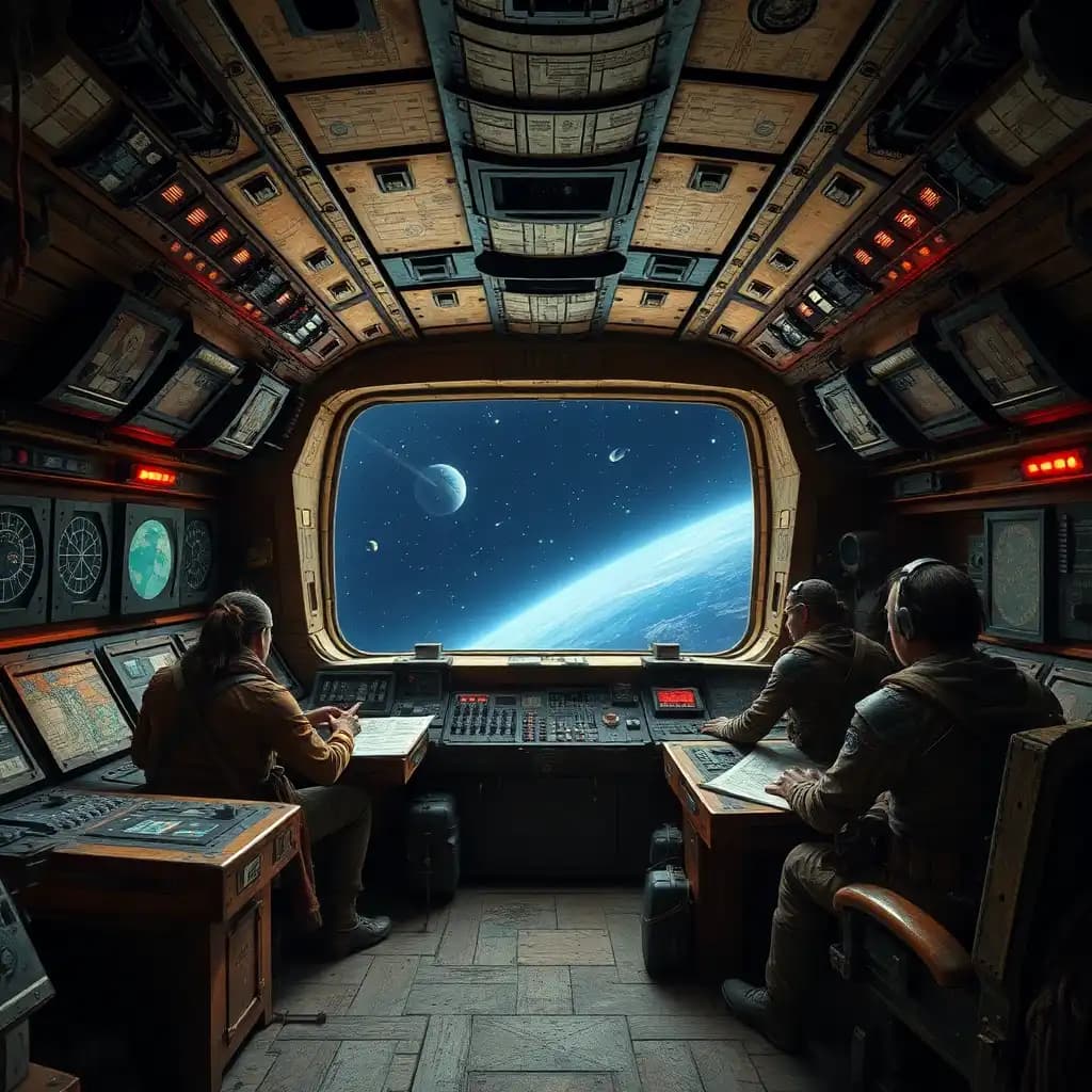 Inside the control room of a space pirate ship, the atmosphere is tense and chaotic. Pirate crew members, wearing a mix of tattered clothing and armored gear, work at various stations, monitoring star charts and tracking enemy ships. The control panels are old and worn, with flickering lights and patched-up machinery. Through the large viewport, the vastness of space can be seen, with distant stars and passing comets. The ship's interior is filled with rough, utilitarian furnishings, and the hum of the ship’s engines is constant in the background.