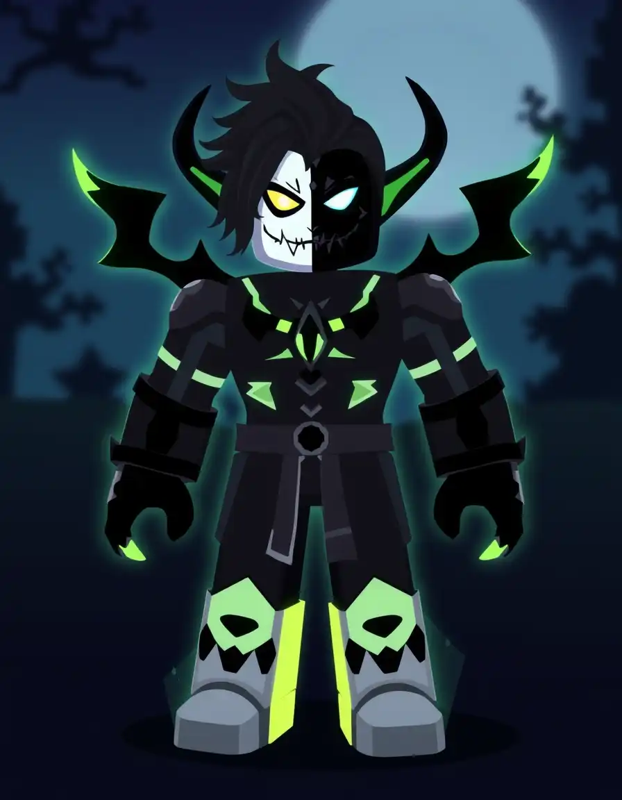A forsaken (roblox) character named noxenlumos he has half night half day face and body