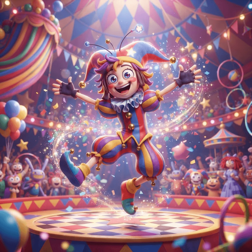 Chad from The Amazing Digital Circus, quirky cheerful cartoon circus character, bright colorful design, dynamic playful action pose under the big top, glossy 3D circus style, polished expressive 3D animation, bright colorful Amazing Digital Circus environment, no text, no logo, no watermark