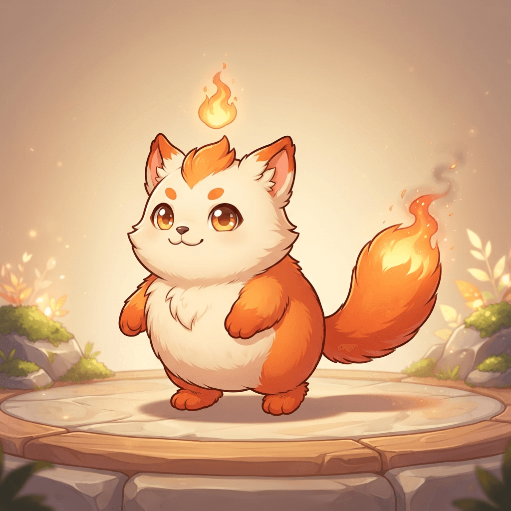 Cute monster-taming game art, full body, original small round fire creature with ember-tipped tail, cream and orange fur, big amber eyes, tiny flame floating over its head, cel shaded