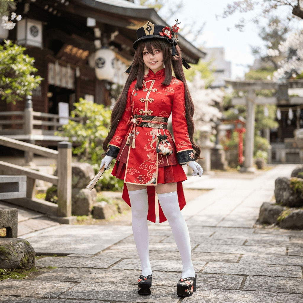 a girl with dark brown twin tails and flower shaped pupils, a black hat with a plum blossom and a red mandarin coat, cosplay reference, full body, standing portrait