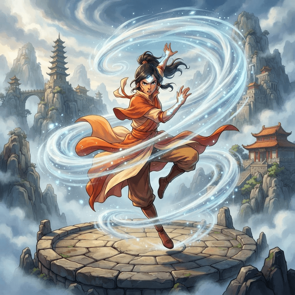 fierce female airbender mid-spin creating a swirling air current, flowing traditional robes, misty mountain temple background, vibrant animated style
