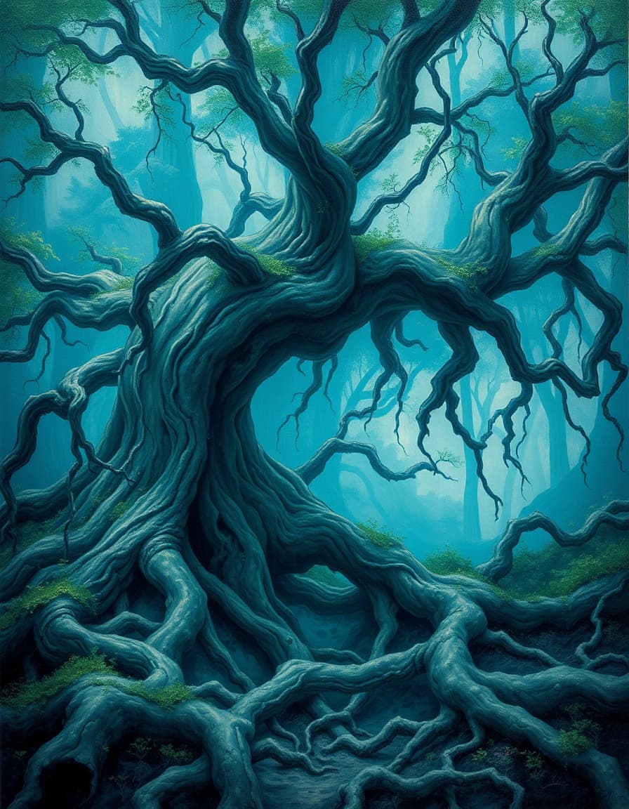 a surreal, ghibli-inspired landscape materializes, infused with ethereal blues and greens reminiscent of a hidden, mystical forest, where ancient, gnarled tree roots twist and turn like delicate brushstrokes, as if nature itself was the artist.