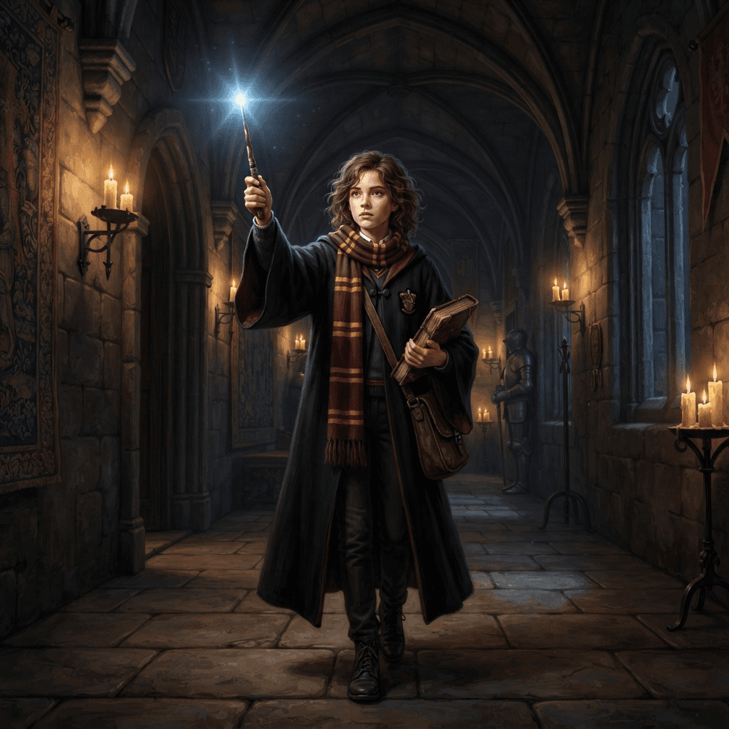 young wizard student in a black robe with a striped house scarf, holding a glowing wand aloft, stone castle corridor at night, warm candlelight, detailed digital painting, crisp high detail