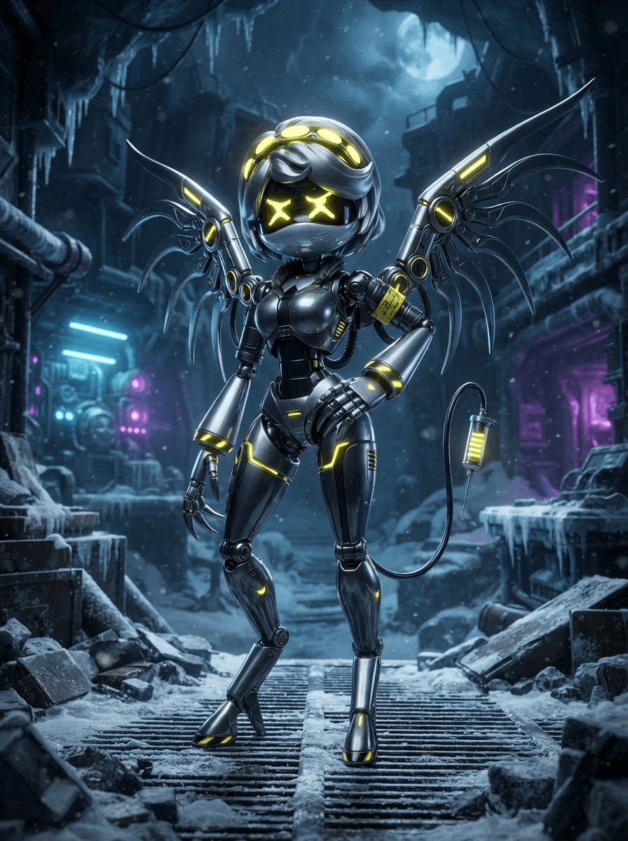 Murder Drones disassembly drone chassis, sleek metallic body, in the style of Murder Drones, glossy 3D cartoon render, sleek robotic character with a glowing screen visor (X or symbol eyes), dark frozen sci-fi colony, vivid neon accents, full-body character portrait, centered, relaxed lively stance