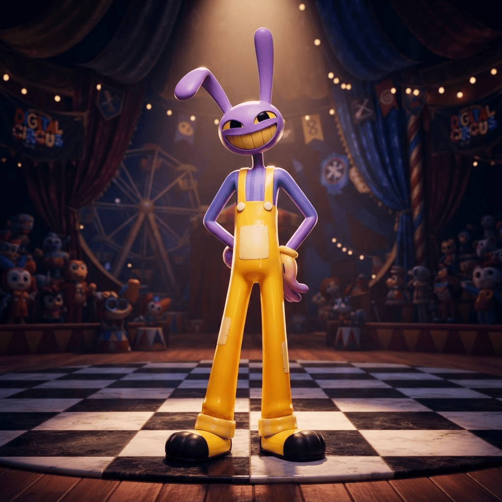 Jax from The Amazing Digital Circus, full-body portrait, glossy 3D circus style