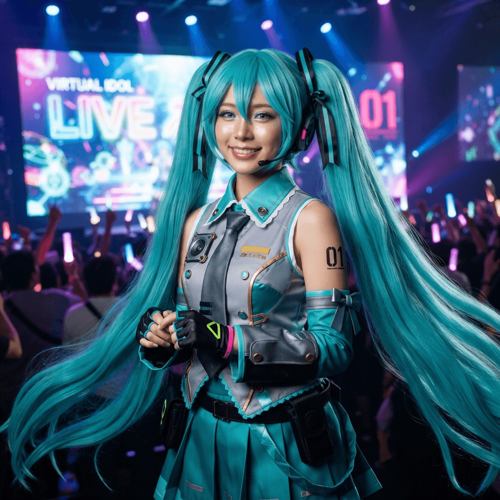 a virtual idol with very long turquoise twin tails, a grey and teal sleeveless top, tie and detached sleeves, cosplay portrait, waist up, detailed costume