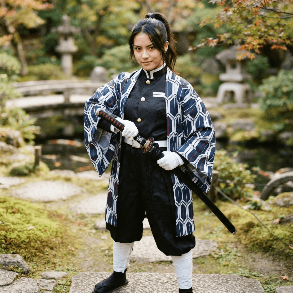 a demon slayer corps swordsman in a black uniform with a patterned haori and a katana, cosplay portrait, waist up, detailed costume