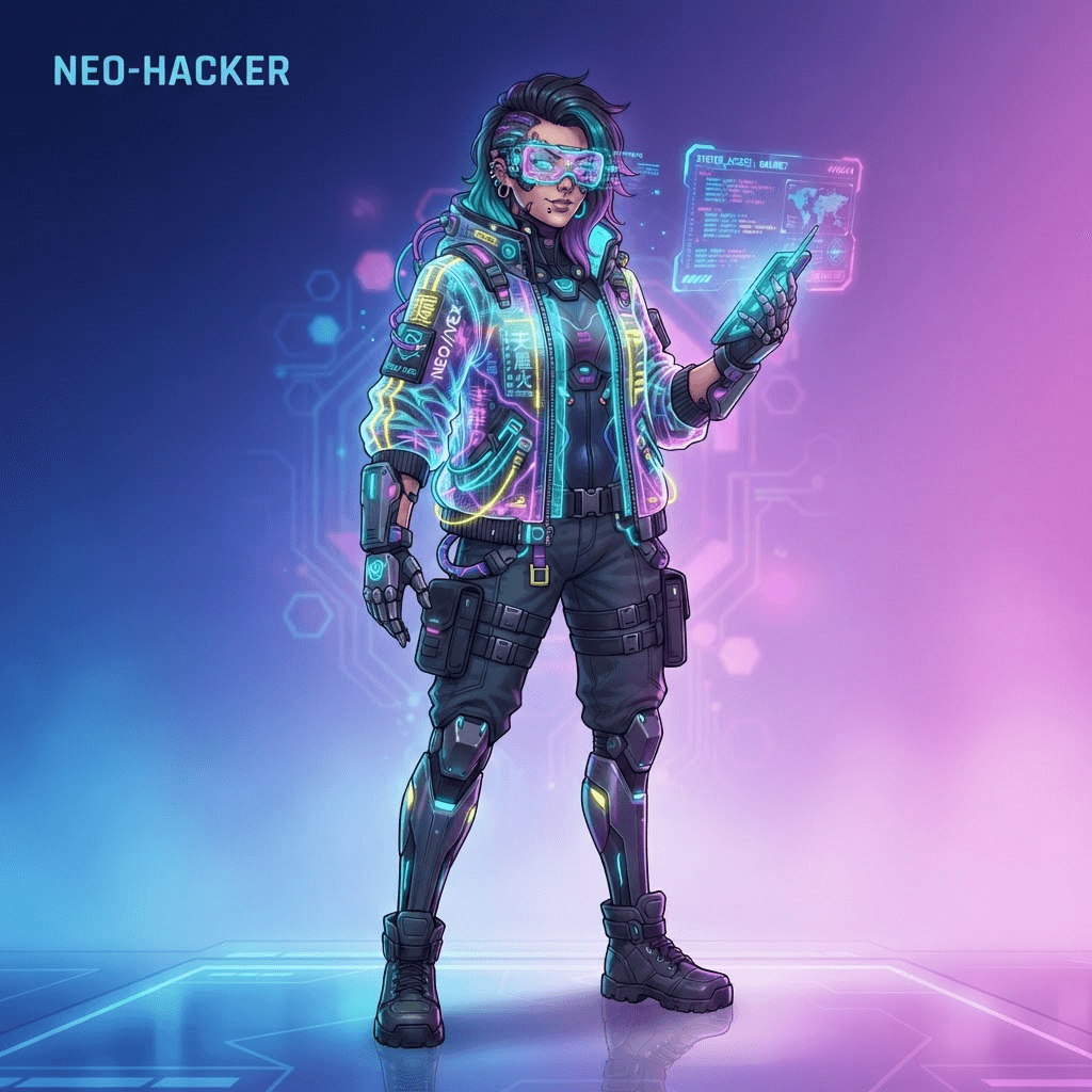 original character, neon cyber hacker with visor goggles and holographic jacket, standing pose, clean soft gradient background, vibrant, crisp high detail, digital illustration